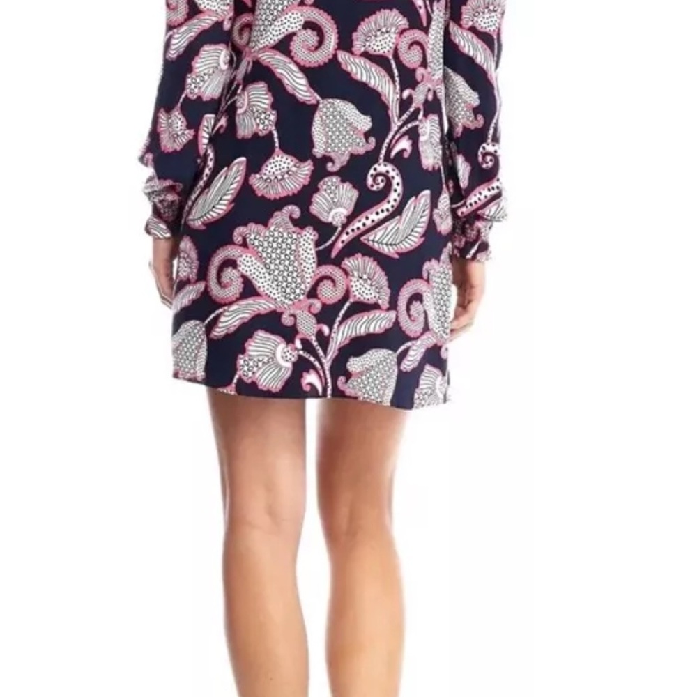 New CROWN & IVY Ruffle Neck Dress Cold Shoulder Paisley Blue Pink White Sz L - Picture 3 of 6